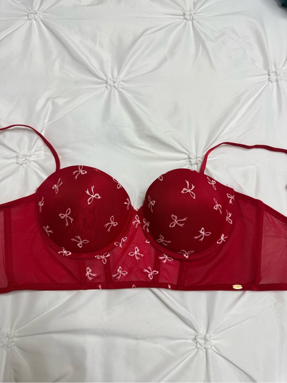 Jessica Simpson Red Longline Strapless Bra with White Bow Embroidery Accents